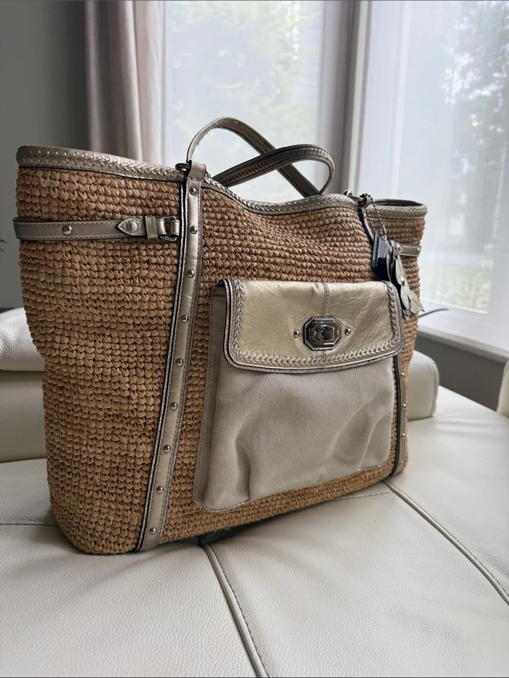Coach Leather Creed Patch Embellished Straw Tote Bag